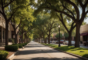 Tree-lined street in Arlington with lush green trees forming a canopy over the road, showcasing urban forestry and sustainability.