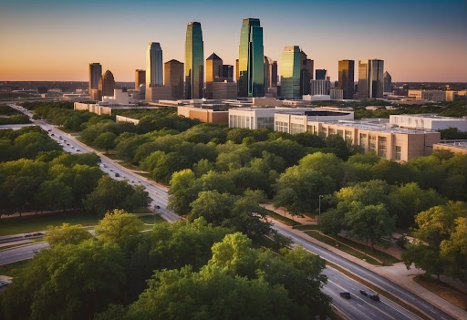 Dallas skyline with urban trees, representing successful Urban Tree Mitigation in Dallas