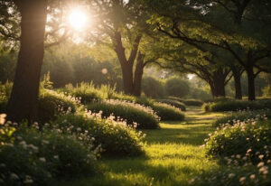 Sunlit path through vibrant trees, demonstrating the effectiveness of Organic Tree Care in Flower Mound