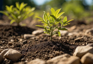 Young plant emerging from soil, signifying Southlake's dedication to tree planting and environmental rejuvenation.