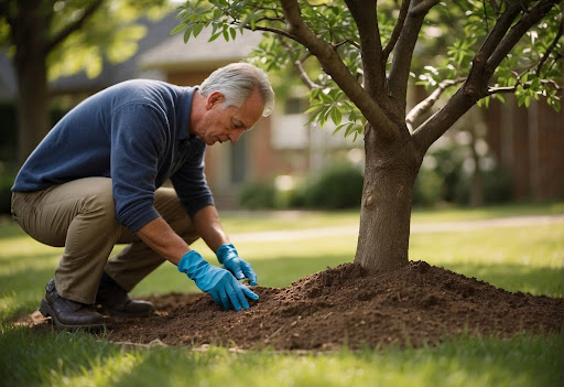 Senior man applying fertilizer to the base of a tree in a residential yard, depicting tree care in Arlington.