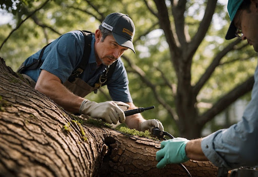 A man using specialized diagnostic tools on a tree to assess its health, representing advanced tree diagnostics in Arlington.