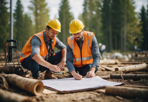 Two men at a construction site in Southlake reviewing a tree survey to plan the integration of trees into urban development.
