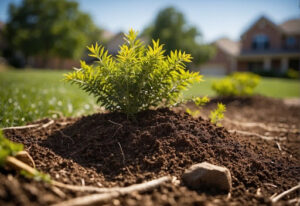 Tree mulching enhances soil health and promotes vibrant plant growth, exemplified by a lush green plant surrounded by mulch in Flower Mound. 
