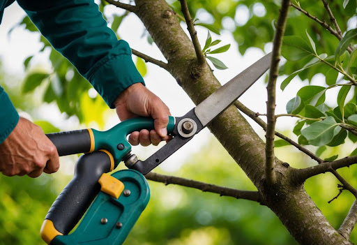 Pruning shears next to a branch, showcasing tools for tree pruning in Grapevine, TX.