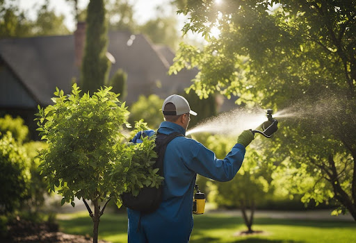 An arborist in protective gear spraying a tree in a residential neighborhood, showcasing professional tree health maintenance in Southlake to promote robust growth and prevent disease.