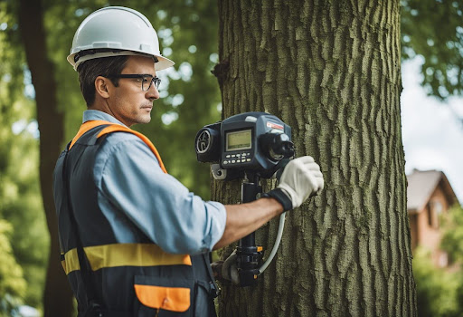 An arborist spraying a tree in a residential area as part of a tree risk assessment to maintain tree health and prevent potential safety hazards.