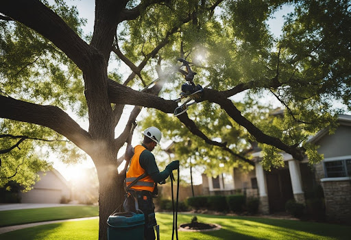 Certified arborist performing expert tree pruning in Southlake, ensuring healthy growth and safety for residential trees.