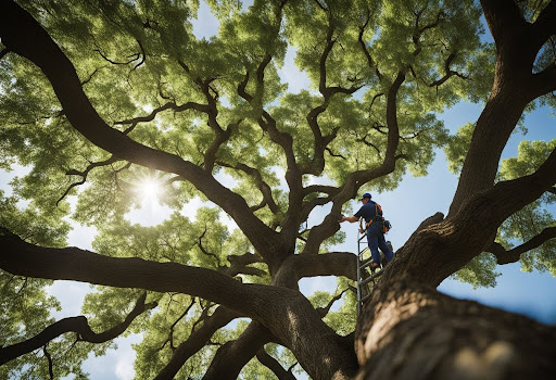 Certified arborist performing a tree risk assessment in Argyle, TX, ensuring tree safety and health for property protection.