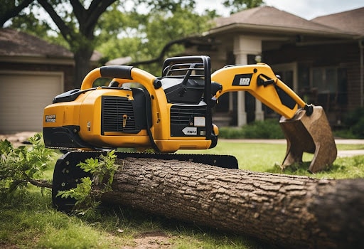 Mini excavator removing a fallen tree in a residential yard, demonstrating professional emergency tree removal in Fort Worth to ensure safety and property protection.