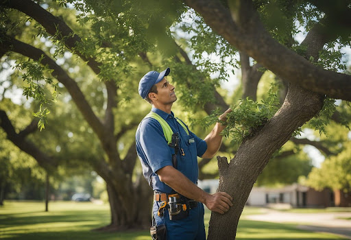 ISA Certified Arborist in Dallas assessing tree health in a residential area, ensuring proper growth and maintenance for urban trees.