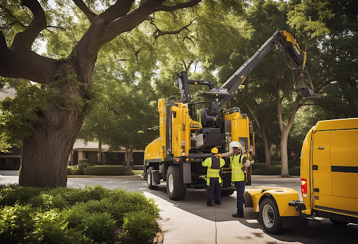 Crew from a commercial tree company in Keller using professional equipment for tree care services, ensuring safe and efficient maintenance of urban and commercial landscapes.