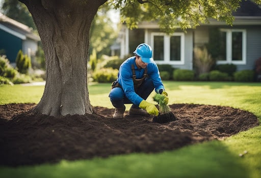 Arborist applying mulch around a tree for optimal tree fertilization in Keller, promoting healthy root growth, soil enrichment, and long-term tree vitality.