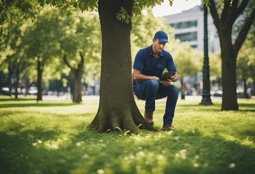 ISA Certified Arborist inspecting a tree’s health in Southlake, ensuring expert tree services in Southlake for long-term tree care, maintenance, and disease prevention.