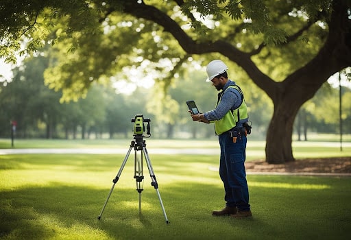 ISA Certified Arborist performing a tree survey in Keller using professional surveying tools to assess tree health, species, and environmental impact.