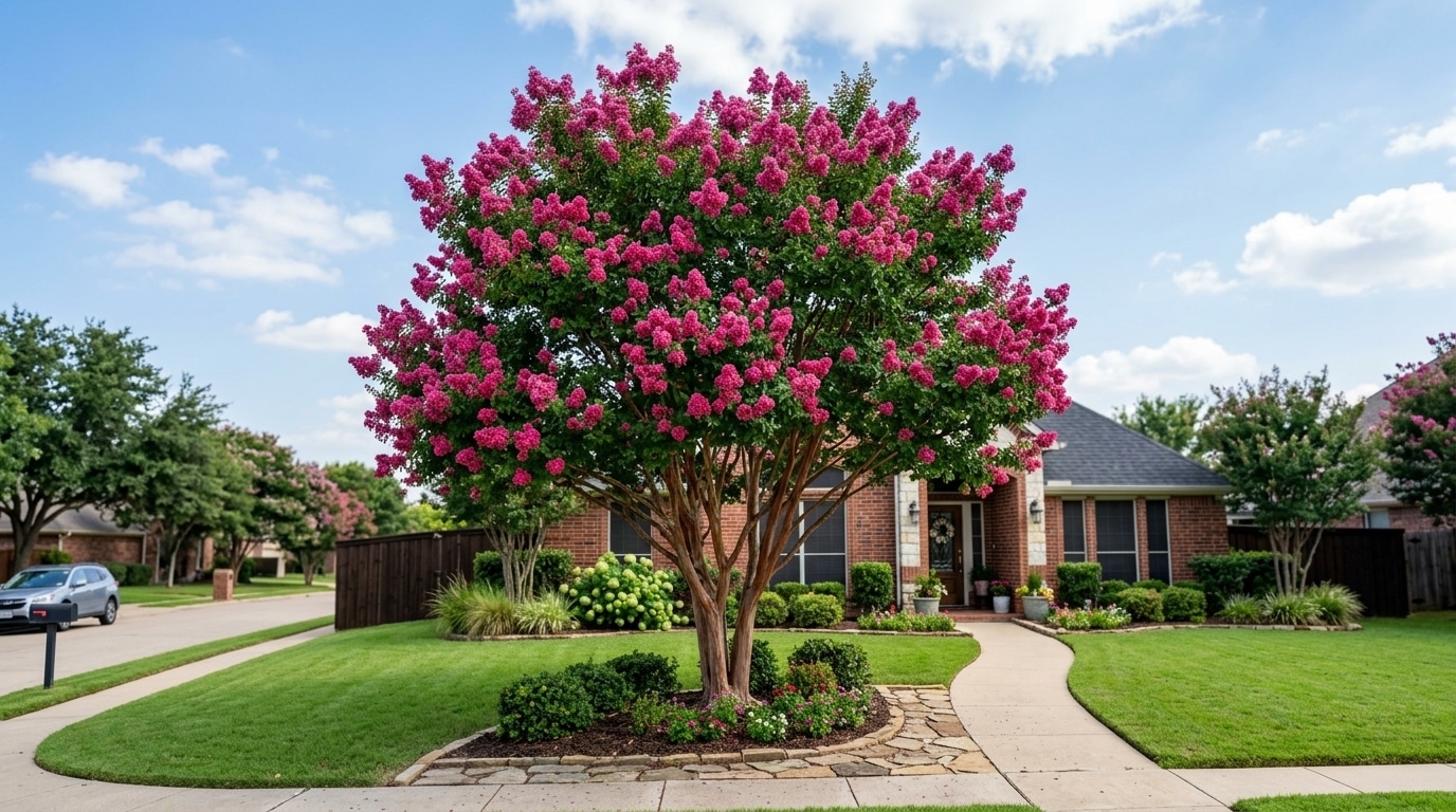 TreeNewal Crepe Myrtle Bark Scale Healthy pink crepe myrtle tree in full bloom in a Dallas-Fort Worth suburban landscape
Caption: With proper treatment and care, your crepe myrtles can return to producing vibrant, full blooms every summer.
