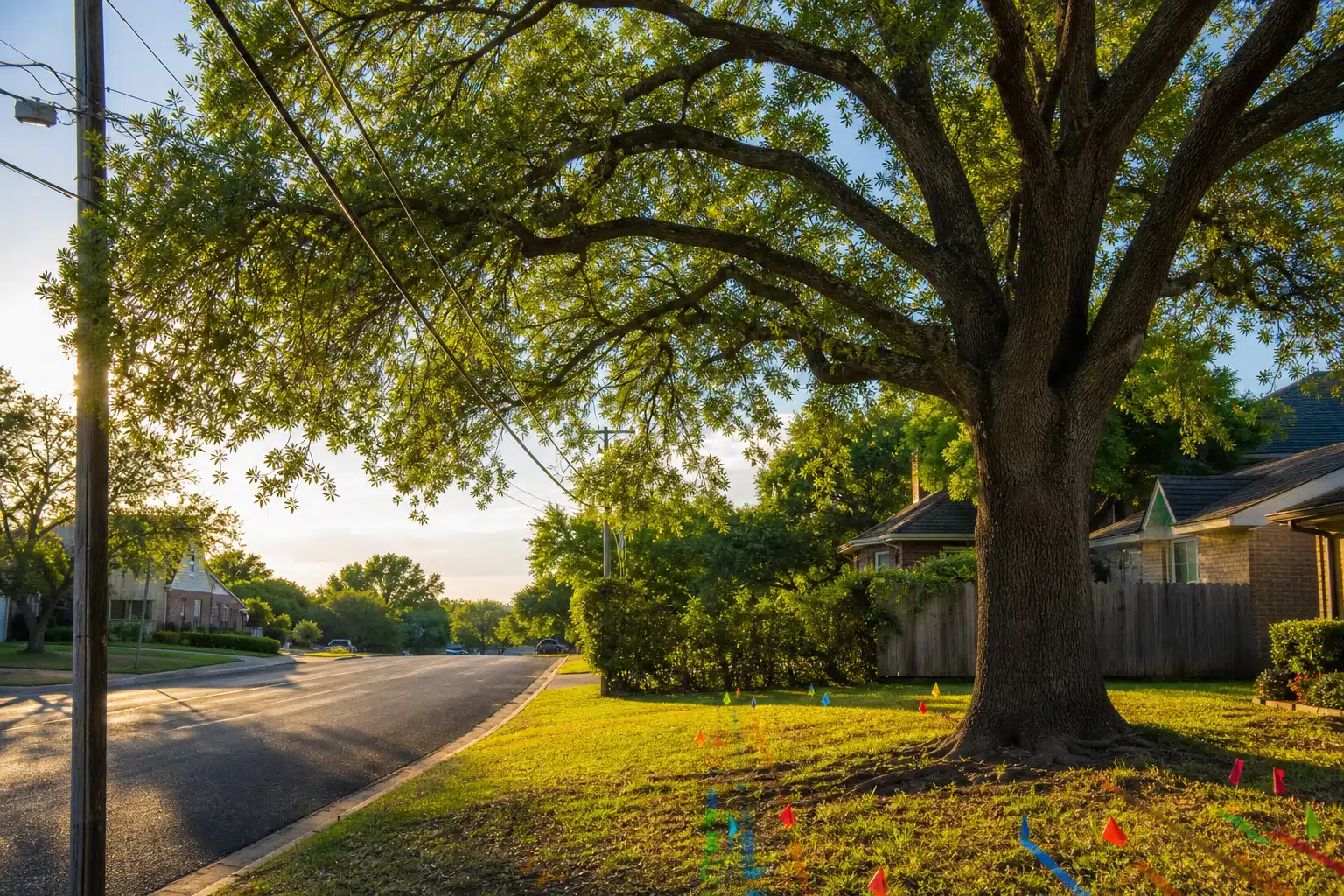 A large mature tree growing near overhead power lines in a DFW neighborhood with colorful utility marking flags in the ground near its base indicating underground pipes