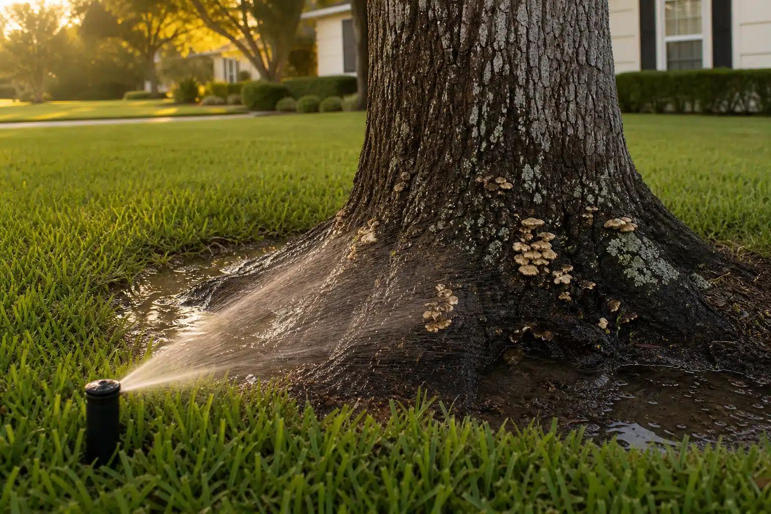 A sprinkler head spraying water directly at the base of a large tree trunk in a suburban lawn, with fungal growth and waterlogged soil visible around the root flare