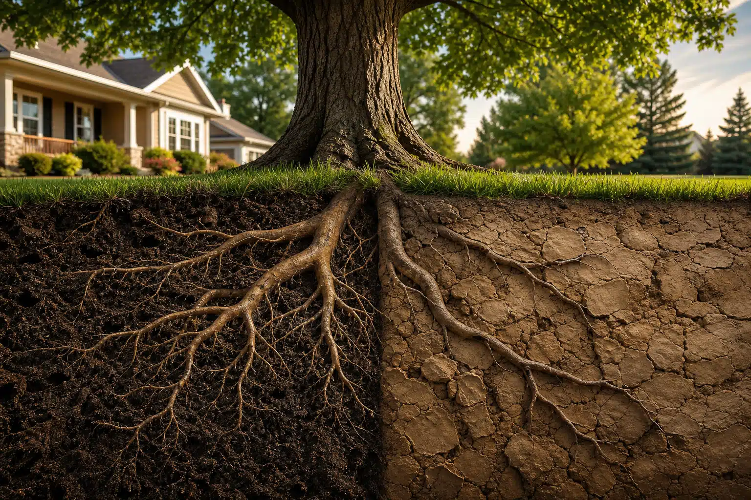 A cross-section view of a suburban lawn showing a mature tree with its root system underground, with healthy loose soil on one side and dense compacted soil on the other