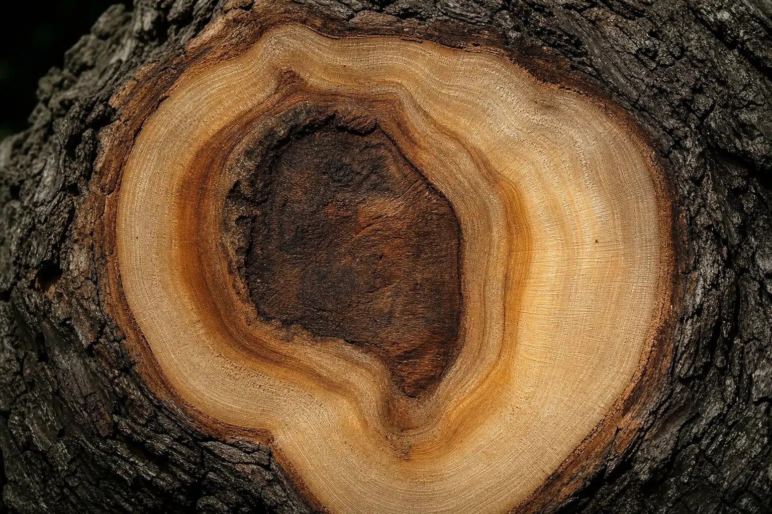 A close-up of a tree trunk cross-section showing wound wood and callus tissue growing over an old pruning cut, with dark discoloration contained within compartment walls surrounded by healthy light-colored wood